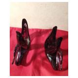 2 hand-blown purple/clear swirling design glass swans