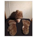 Rabbit fur hat and rabbit fur elbo lenght mittens with leather palms