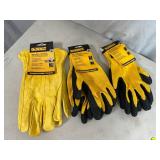 New Dewalt Leather Gloves and Coated Gripper Work Gloves - Size M