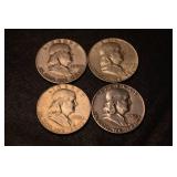 Franklin Half Dollars - 4 Coin Lot (1949, 1952, 1963(2) 90% Silver