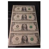 United States One Dollar Bill Sheet - 4 Federal Reserve Notes Collectible Currency