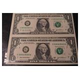 United States One Dollar Bill Sheet - 4 Federal Reserve Notes Collectible Currency