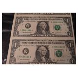 United States One Dollar Bill Sheet - 4 Federal Reserve Notes Collectible Currency