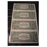 United States One Dollar Bill Sheet - 4 Federal Reserve Notes Collectible Currency