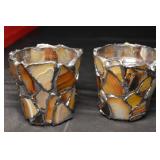 Agate Mosaic Glass Candle Holders - Pair with Metal Border (Amber Brown Tones)