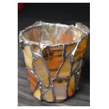 Agate Mosaic Glass Candle Holders - Pair with Metal Border (Amber Brown Tones)