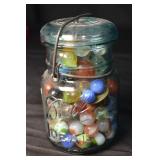 Ball Mason Jar - Aqua Glass with Colorful Marbles Inside, Bail Closure