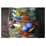 Ball Mason Jar - Aqua Glass with Colorful Marbles Inside, Bail Closure