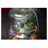 Ball Mason Jar - Aqua Glass with Colorful Marbles Inside, Bail Closure