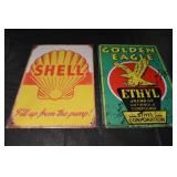 Shell Tin Sign & Golden Eagle Ethyl Tin Sign - Vintage Gas Ads Pair