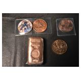 Copper Bar 1 oz .999 Fine + 3 Copper Coins in Clear Holders