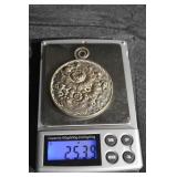 Sterling Silver Round Makeup Mirror Pendant - Floral Engraving Vintage