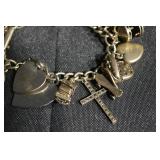 Vintage Sterling Silver Charm Bracelet with Hearts, Cross & U.S. Flag Charms