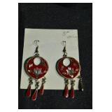 Sterling Silver Earrings - Mother of Pearl Inlays, Red Enamel Disc Danglers