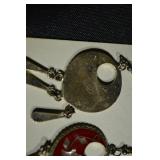 Sterling Silver Earrings - Mother of Pearl Inlays, Red Enamel Disc Danglers