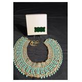 Turquoise Bead Bib Necklace with Faux Pearl Accents, Gold-Tone Chain