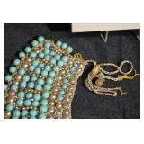 Turquoise Bead Bib Necklace with Faux Pearl Accents, Gold-Tone Chain