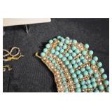 Turquoise Bead Bib Necklace with Faux Pearl Accents, Gold-Tone Chain