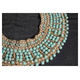 Turquoise Bead Bib Necklace with Faux Pearl Accents, Gold-Tone Chain