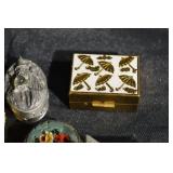 Holmes Booth & Hayden Brass Trinket Box - Engraved Top; Vintage Enamel Floral Boxes & Pewter Collectibles