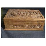 Vintage Hand-Carved Wooden Jewelry Box with Floral Carving With Secret Lock
