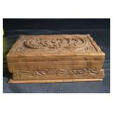 Vintage Hand-Carved Wooden Jewelry Box with Floral Carving With Secret Lock
