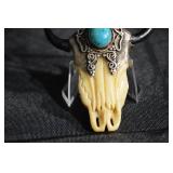 Turquoise Bull Skull Pendant with Silver Filigree & Curved Horns