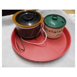 2 Small Crock Pots and Red Tray...