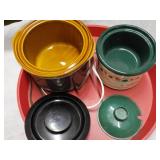 2 Small Crock Pots and Red Tray...