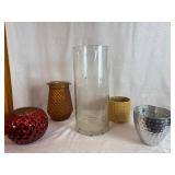 Crystalery Glass Pot, Diamond Star Glass Vase, Vintage Indiana Glass Amber Diamond Pattern Vase, Gold Ceramic Planter and Metal Planter