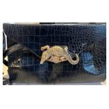 LR - Vintage Valerie Ann Black Embossed Leather Shoulder Bag with Gold Alligator Clasp
