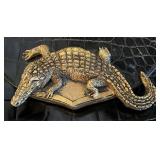 LR - Vintage Valerie Ann Black Embossed Leather Shoulder Bag with Gold Alligator Clasp