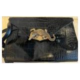 LR - Vintage Valerie Ann Black Embossed Leather Shoulder Bag with Gold Alligator Clasp