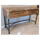 ML - Marble-Top Console Table Carved Wood Drawers, Black Metal Base