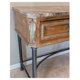 ML - Marble-Top Console Table Carved Wood Drawers, Black Metal Base
