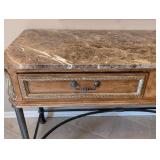 ML - Marble-Top Console Table Carved Wood Drawers, Black Metal Base