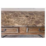 ML - Marble-Top Console Table Carved Wood Drawers, Black Metal Base