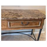 ML - Marble-Top Console Table Carved Wood Drawers, Black Metal Base