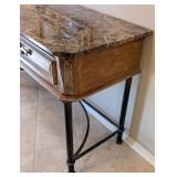 ML - Marble-Top Console Table Carved Wood Drawers, Black Metal Base