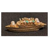 K - Vintage 14K Bon Voyage Ship Pendant 1959 Gold-Tone with Pearls & Turquoise