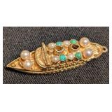 K - Vintage 14K Bon Voyage Ship Pendant 1959 Gold-Tone with Pearls & Turquoise