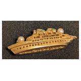K - Vintage 14K Bon Voyage Ship Pendant 1959 Gold-Tone with Pearls & Turquoise