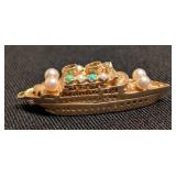 K - Vintage 14K Bon Voyage Ship Pendant 1959 Gold-Tone with Pearls & Turquoise
