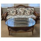 SR - Rattan Sofa with Floral Cushions & Glass-Top Coffee Table