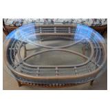 SR - Rattan Sofa with Floral Cushions & Glass-Top Coffee Table