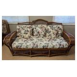 SR - Rattan Sofa with Floral Cushions & Glass-Top Coffee Table