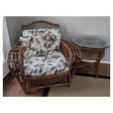 SR - Rattan Armchair with Floral Cushions & Round Glass-Top Side Table