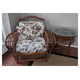 SR - Rattan Armchair with Floral Cushions & Round Glass-Top Side Table