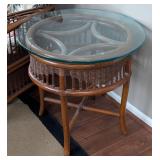 SR - Rattan Armchair with Floral Cushions & Round Glass-Top Side Table