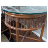 SR - Rattan Armchair with Floral Cushions & Round Glass-Top Side Table